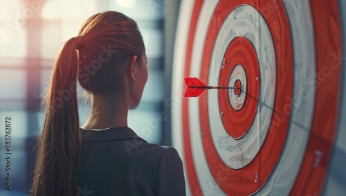 Determination and Precision: Woman Achieves Bullseye in Competitive Archery Training photo