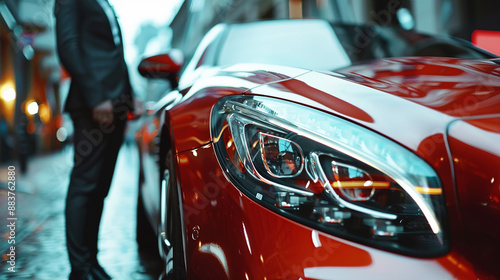 Professional Driver Near Luxury Car, Highlighting Sleek Design and Emblem