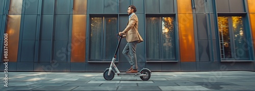 A youthful entrepreneur riding an electric scooter to work against a backdrop of a glossy black building and copy space photo