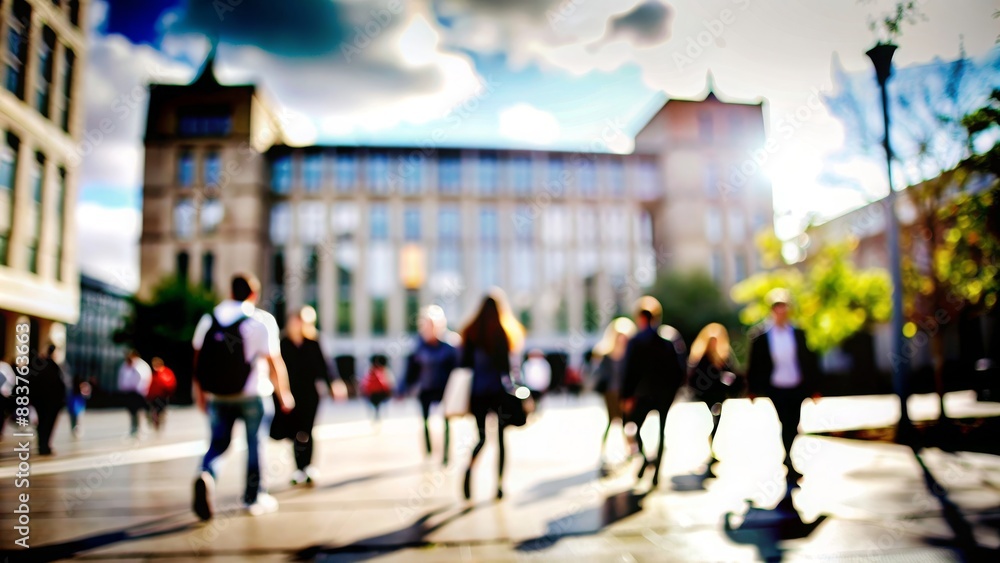 Fototapeta premium University Campus Blur: Blurred university campus setting with buildings and students. 