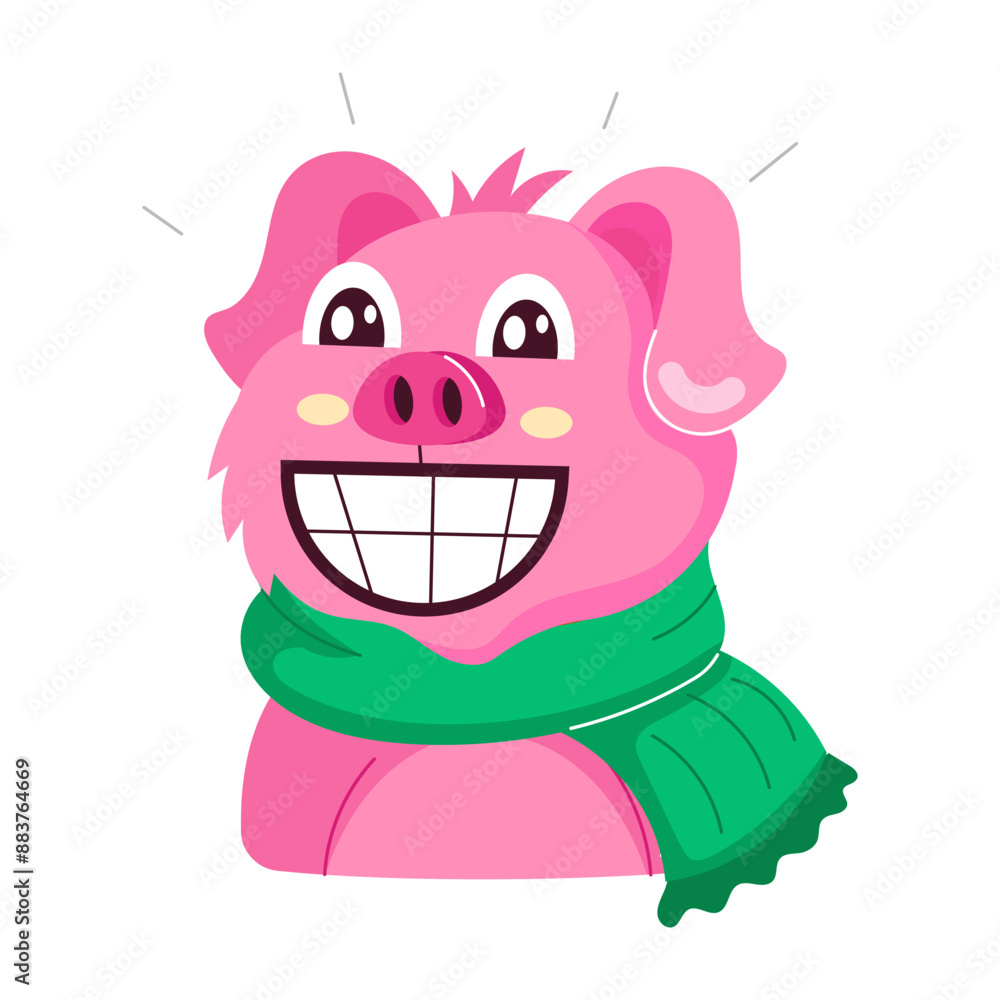 Happy pig wearing a scarf, flat cartoon style sticker
Happy pig wearing a scarf, flat cartoon style sticker