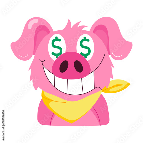 Money pig with greedy eyes, flat style sticker 

