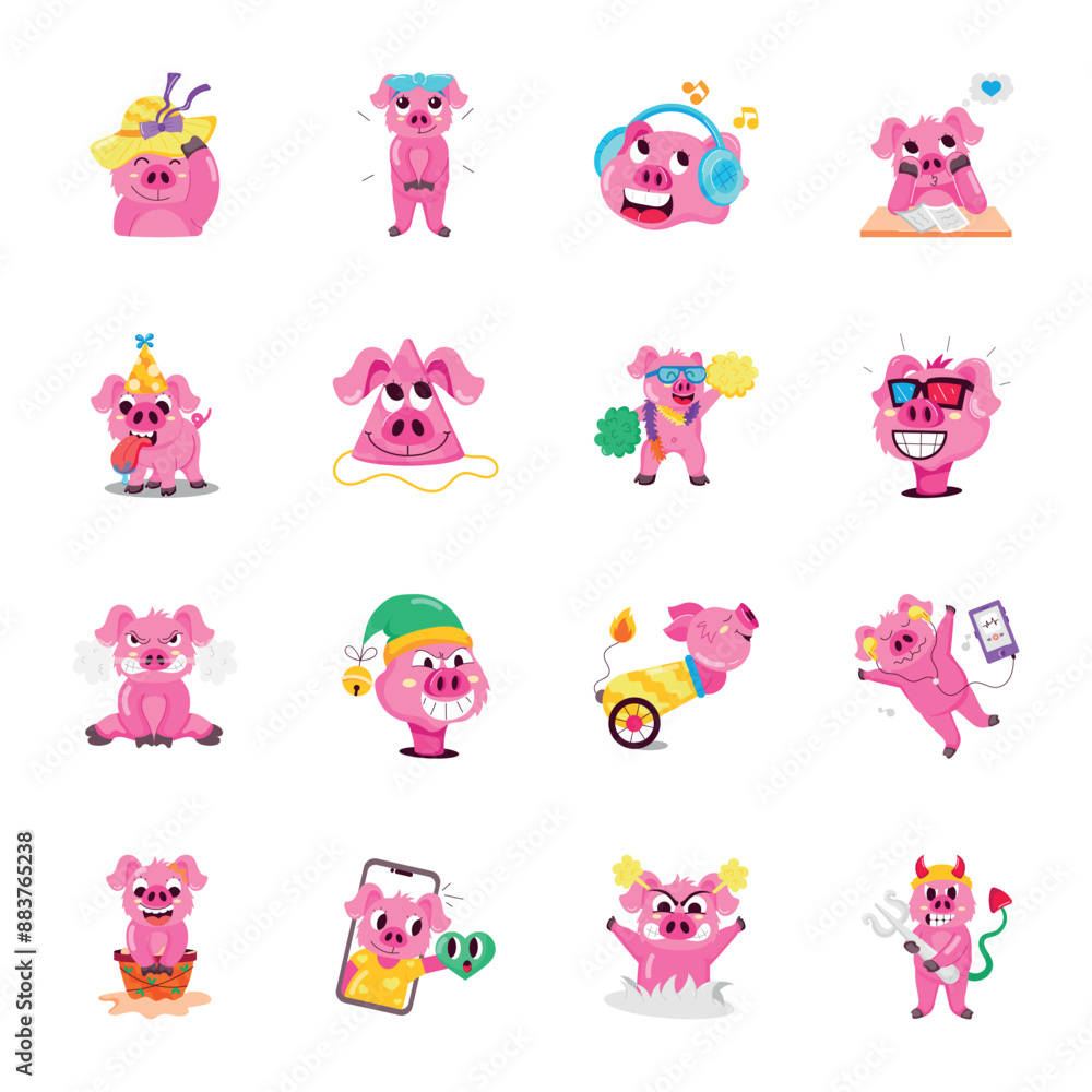 Obraz premium WebBundle of Cute Hog Flat Stickers