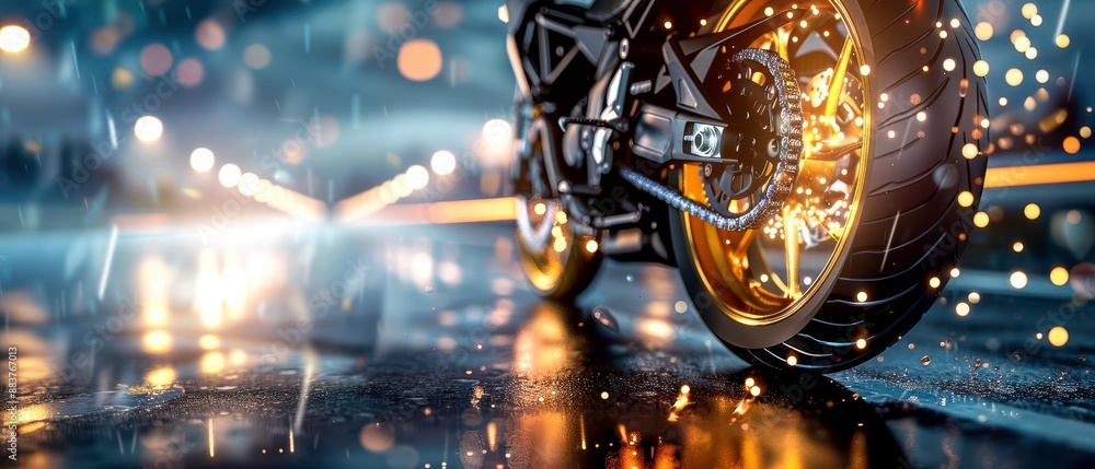 Close-up of a motorcycle in motion on a wet road at night with glowing lights and reflections, creating a dynamic and vibrant scene. Close-up of a motorcycle in motion on a wet road at night with glowing lights and reflections, creating a dynamic and vibrant scene.