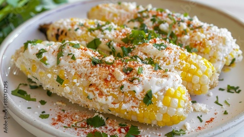 A serving of elote, Mexican street corn, coated in mayo, cheese, and chili powder.