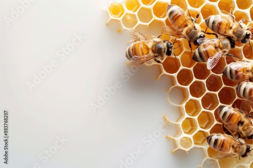 Honeybees working on a honeycomb structure with hexagonal cells, showcasing natural bee behavior and hive construction.