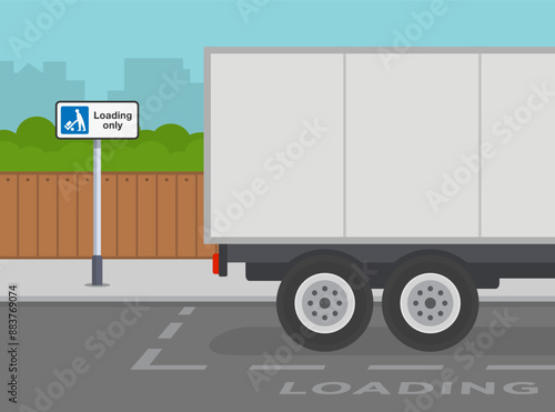 Safe driving tips and traffic regulation rules. Heavy goods vehicle stopped on a designated place for loading. Side view. Flat vector illustration template.