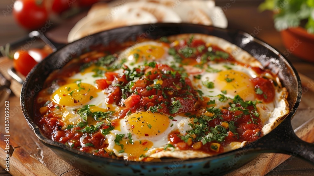 A sizzling skillet of huevos rancheros, topped with salsa and served with warm tortillas. A sizzling skillet of huevos rancheros, topped with salsa and served with warm tortillas.