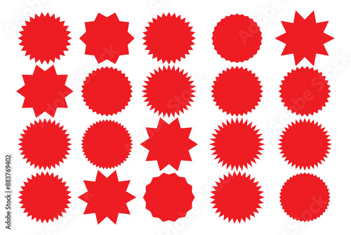 Set of black price sticker, sale or discount sticker, sunburst badges icon. Stars shape with different number of rays. Special offer price tag. Red starburst promotional badge set, shopping labels