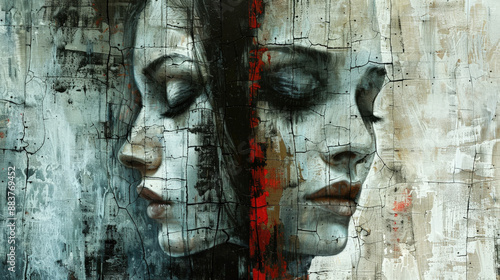 abstract face split into different sections, each showing a different emotion or expression, symbolizing the fragmented and multifaceted experiences of schizophrenia