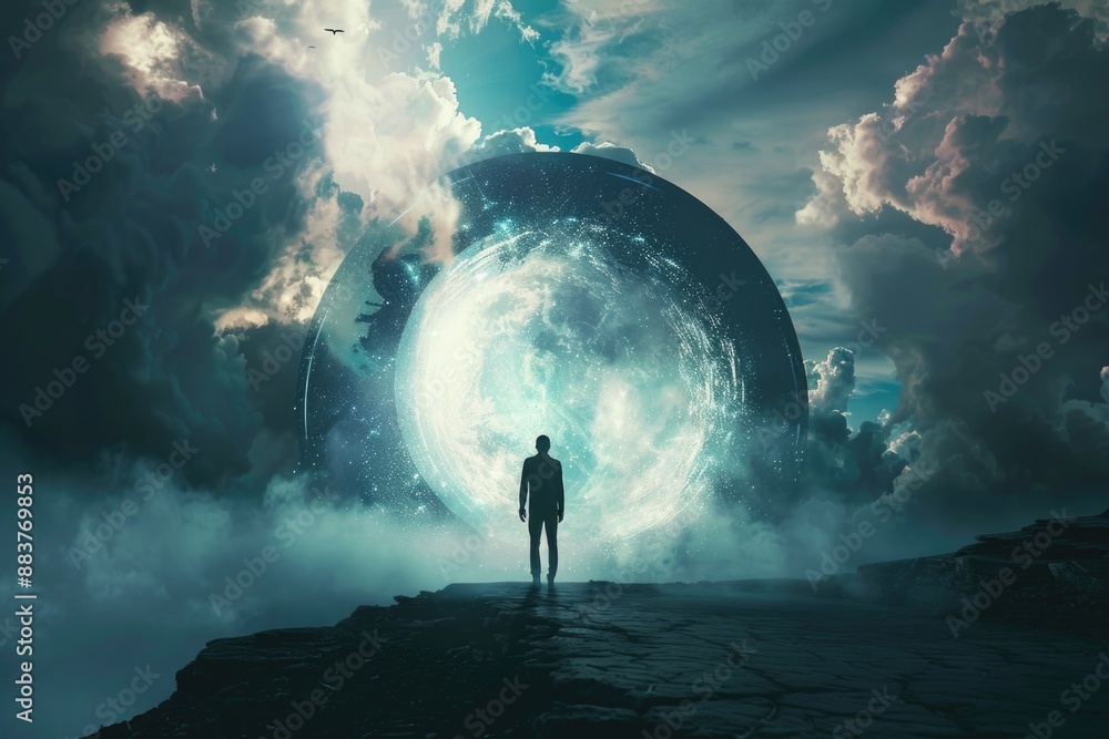 Fototapeta premium Man in front of giant moon
