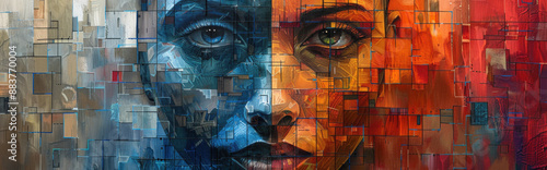 abstract face split into different sections, each showing a different emotion or expression, symbolizing the fragmented and multifaceted experiences of schizophrenia
