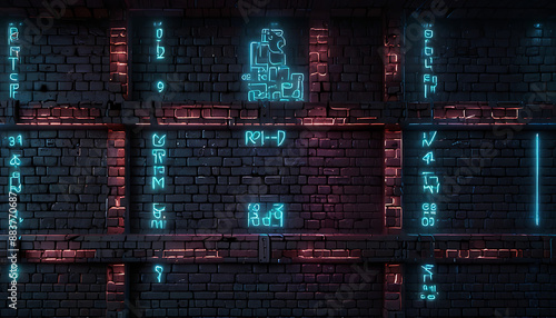 A futuristic brick wall texture with embedded digital screens, holographic projections, or neon accents, blending traditional materials with high-tech elements for a cyberpunk or sci-fi game environme