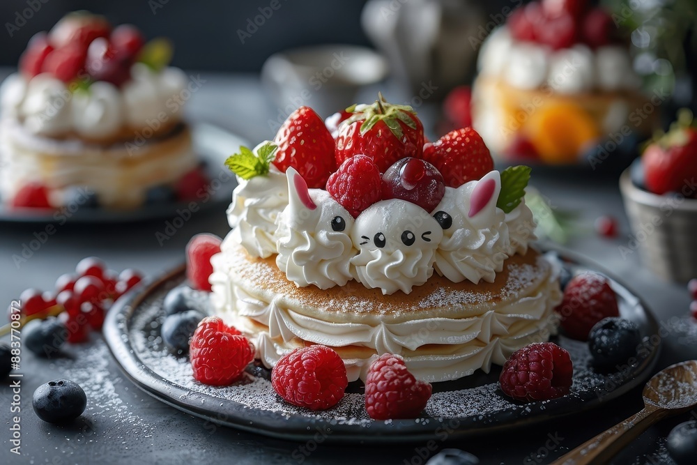 Pancake art creation shaped like an animal or character. Pancake art creation shaped like an animal or character.