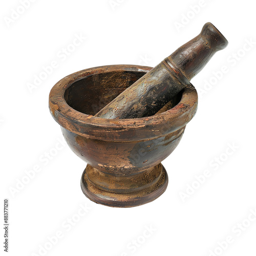 Vintage wooden mortar and pestle on white background, perfect for culinary, herbal, and medicinal use.