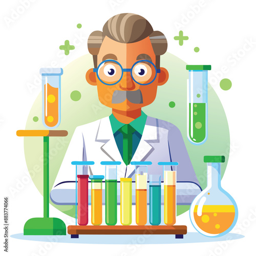 Flat illustration of a scientist in a lab analyzing test tubes