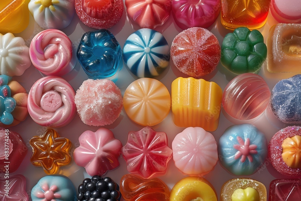 Fototapeta premium Close-up of colorful candies with glossy surfaces and intricate textures.