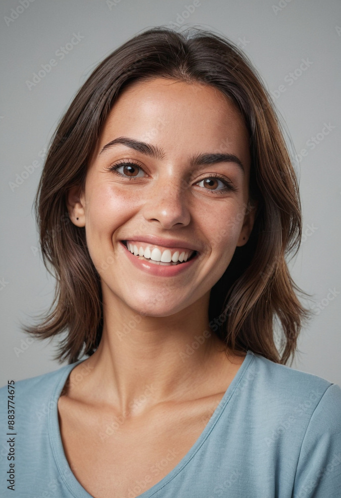 Portrait view of a regular happy smiling Portugal woman, ultra realistic, candid, social media, avatar image, plain solid background Portrait view of a regular happy smiling Portugal woman, ultra realistic, candid, social media, avatar image, plain solid background