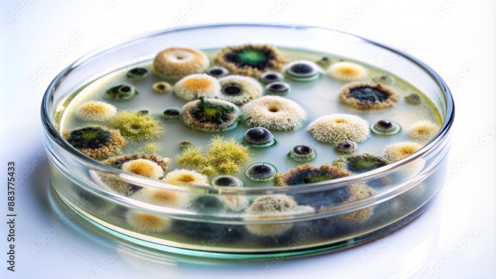 Petri dish containing mold growth with isolated colonies of fungus against a stark white laboratory background, gleaming glass vials nearby. Petri dish containing mold growth with isolated colonies of fungus against a stark white laboratory background, gleaming glass vials nearby.