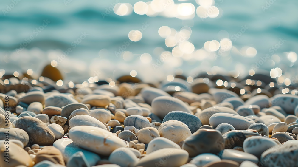 Obraz premium Web banner abstract smooth round pebbles sea texture background. Vacation holiday recreation on beach concept.