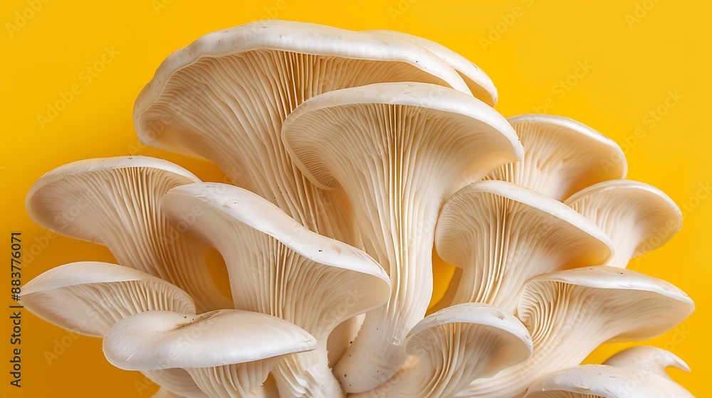 Closeup of a cluster of oyster mushrooms on a yellow backdrop Closeup of a cluster of oyster mushrooms on a yellow backdrop