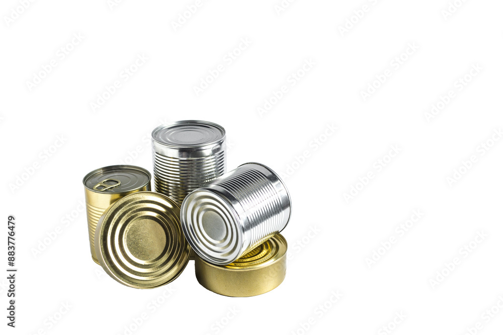 Cans with various products in close-up on a white background, isolate. Long-term storage products. Cans with various products in close-up on a white background, isolate. Long-term storage products.