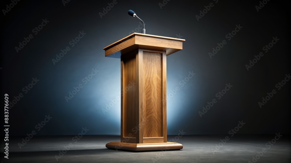 A sleek wooden podium with a microphone stands alone on a dark gradient background, exuding confidence and authority. A sleek wooden podium with a microphone stands alone on a dark gradient background, exuding confidence and authority.