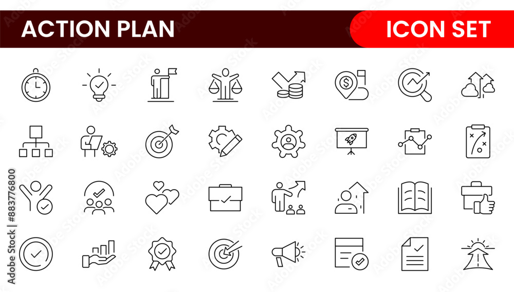 Vetor de Line icons about action plan. Contains such icons as search ...