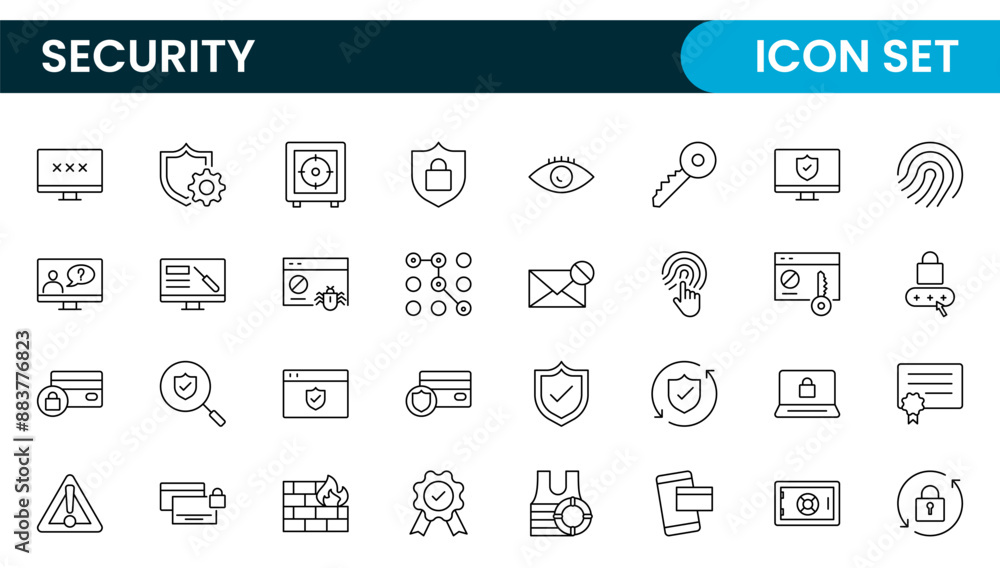 Set of Security web icons in line style. Guard, cyber security, password, smart home, safety, data protection, key, shield, lock, unlock, eye access. Security outline icon set. Set of Security web icons in line style. Guard, cyber security, password, smart home, safety, data protection, key, shield, lock, unlock, eye access. Security outline icon set.
