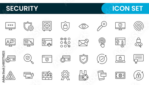 Set of Security web icons in line style. Guard, cyber security, password, smart home, safety, data protection, key, shield, lock, unlock, eye access. Security outline icon set.