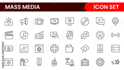 Mass media outline vector icons large set isolated on white background. media business concept. Media outline icons set.