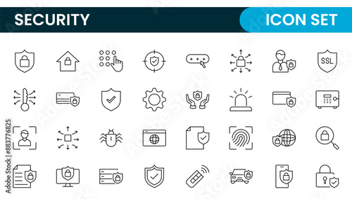 Set of Security web icons in line style. Guard, cyber security, password, smart home, safety, data protection, key, shield, lock, unlock, eye access. Security outline icon set.