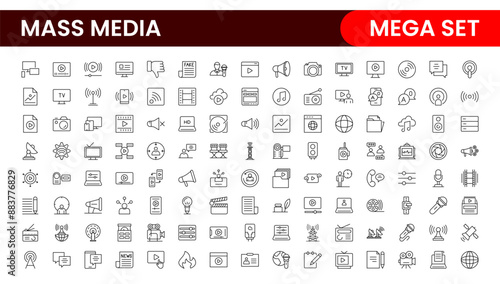 Mass media outline vector icons large set isolated on white background. media business concept. Media outline icons set.