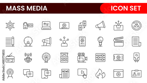 Mass media outline vector icons large set isolated on white background. media business concept. Media outline icons set.