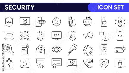 Set of Security web icons in line style. Guard, cyber security, password, smart home, safety, data protection, key, shield, lock, unlock, eye access. Security outline icon set.