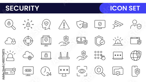 Set of Security web icons in line style. Guard, cyber security, password, smart home, safety, data protection, key, shield, lock, unlock, eye access. Security outline icon set.