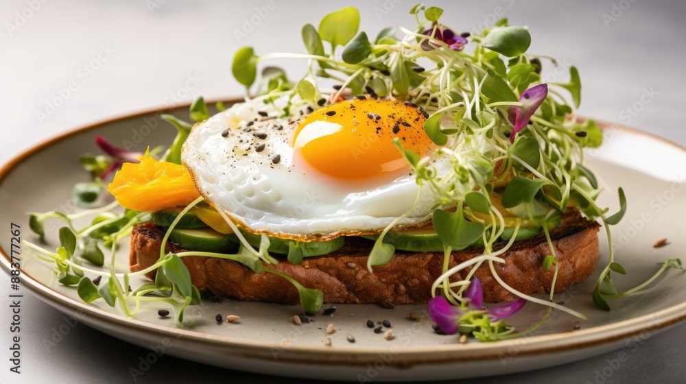 Avocado toast with a sunny-side-up egg, garnished with microgreens Avocado toast with a sunny-side-up egg, garnished with microgreens