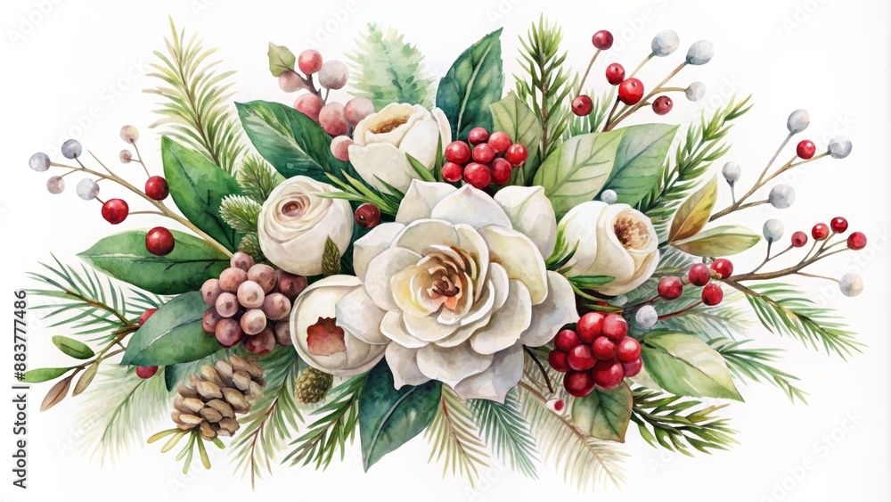 Fototapeta premium Delicate watercolor illustration of serene winter bouquet featuring white blooms, rustic pine branches, and luscious crimson berries on creamy background.