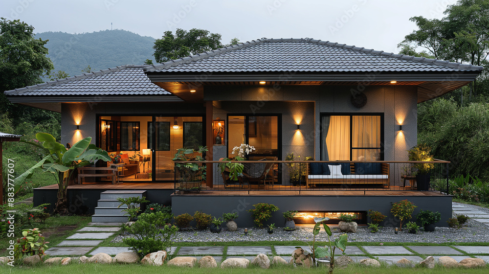 Small house with a terrace in the backyard The house is made of cement and has a gray tiled roof. Thailand. The balcony has a cement railing and seating. Small house with a terrace in the backyard The house is made of cement and has a gray tiled roof. Thailand. The balcony has a cement railing and seating.