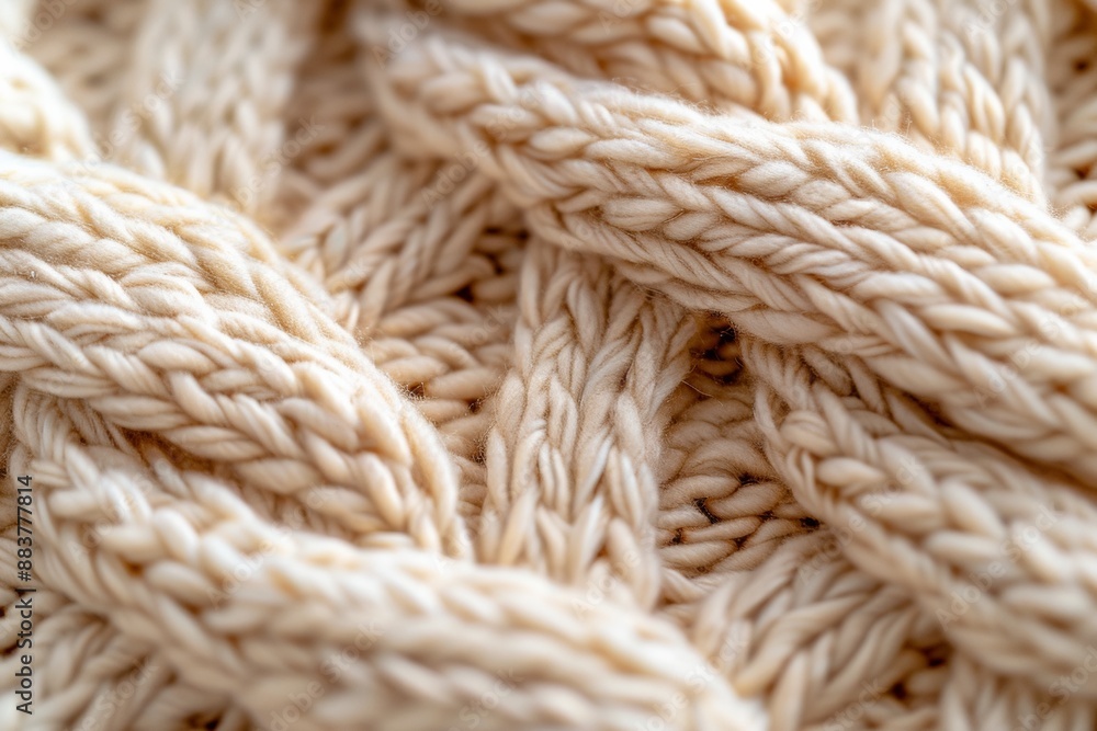 Close-up of a soft, chunky knit fabric in a warm, beige color Close-up of a soft, chunky knit fabric in a warm, beige color
