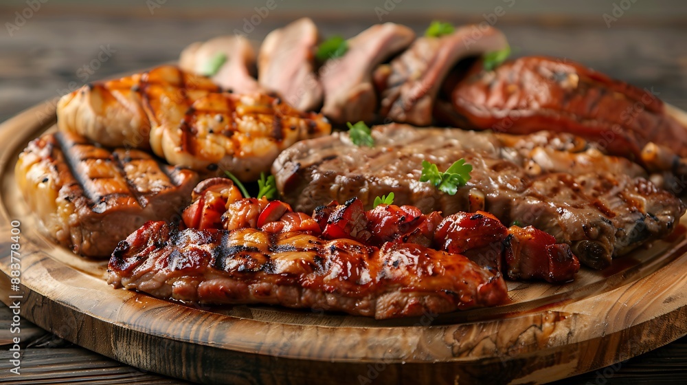 Closeup of a variety of grilled meats placed on a wooden platter Closeup of a variety of grilled meats placed on a wooden platter