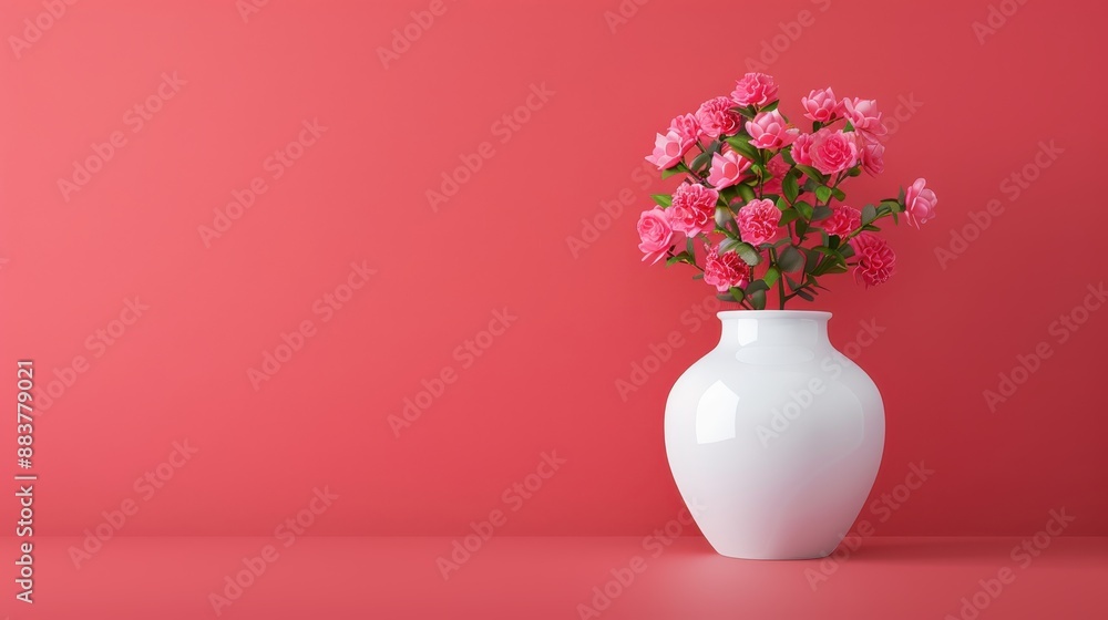 White vase filled with pink flowers against a vibrant red background, creating a striking contrast and elegant home decoration. White vase filled with pink flowers against a vibrant red background, creating a striking contrast and elegant home decoration.