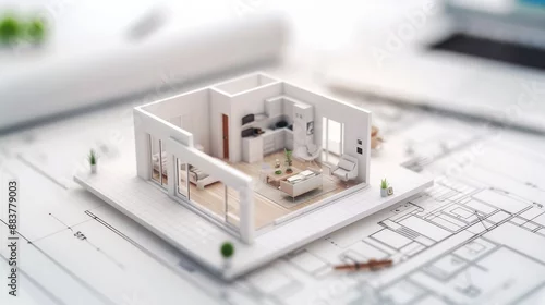 Fototapeta na wymiar 3D model of a modern home layout displayed on architectural blueprints, showing interior design and space planning for residential property development.
