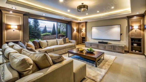 Cozy family room setup with large screen TV, comfy couch, and surround sound speakers for an immersive movie experience.