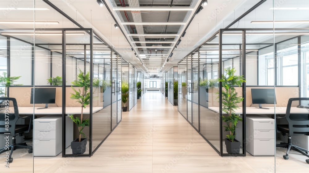Obraz premium Modern office space with glass partitions, workstations, and natural light creating an open and professional work environment.