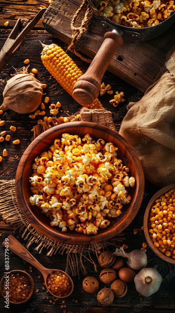 Fototapeta premium Corn kernels, nuts, and other food items on a wooden table.