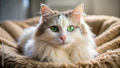 Adorable senior feline with fluffy white fur and bright green eyes relaxes comfortably on a soft, cozy bed at home.