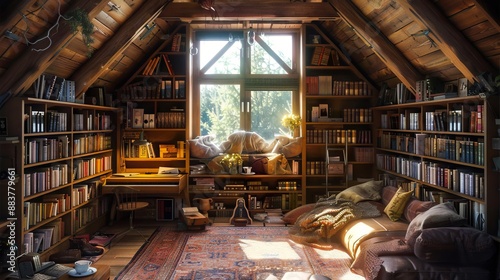 A room with lots of books and a window.
