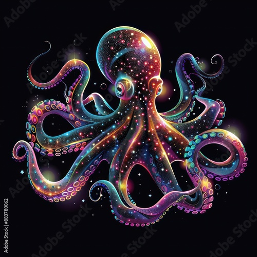 Vivid Octopus Vector Illustration in 3D Style on Black Background with Colorful Gradients - High Quality Digital Art in 8K HDR Resolution, Generative Ai photo