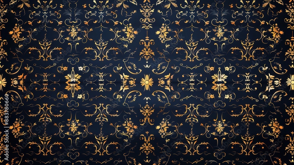 Elegant dark floral wallpaper pattern with intricate gold details and symmetrical design, ideal for backgrounds or decorative purposes.
